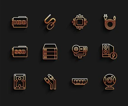 Set line Hard disk drive HDD, LAN cable network internet, RAM, random acces.. Stockillustratie