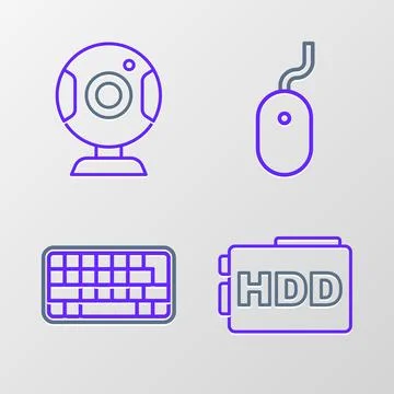Set line Hard disk drive HDD, Keyboard, Computer mouse and Web camera icon... Illustrazione stock