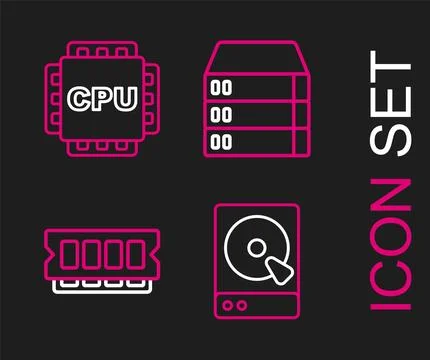 Set line Hard disk drive HDD, RAM, random access memory, Server, Data, Web .. Illustrazione stock