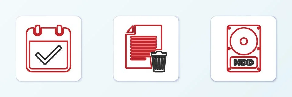 Set line Hard disk drive HDD, Calendar with check mark and Delete file docu.. Stock Illustration
