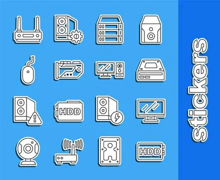 Set line Hard disk drive HDD, Computer monitor screen, Optical disc, Server.. Stock Illustration