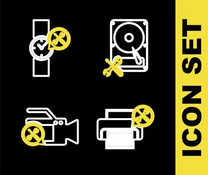 Set line Hard disk drive service, Printer, Video camera and Wrist watch ico.. Stock Illustration