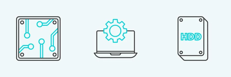 Set line Hard disk drive HDD, Processor and Laptop and gear icon. Vector 库存插图