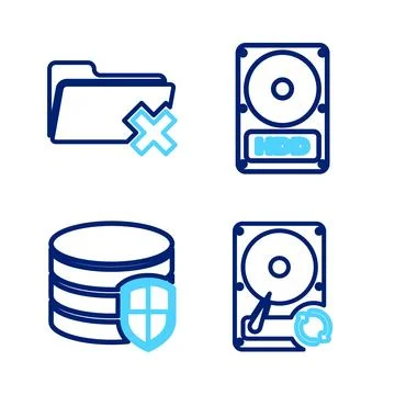 Set line Hard disk drive HDD sync refresh, Database protection,  and Delete.. Stock Illustration