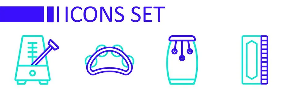 Set line Harmonica, Conga drums, Tambourine and Metronome with pendulum ico.. Illustrazione stock