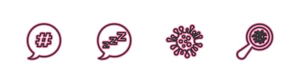 Set line Hashtag speech bubble, Bacteria, Speech with snoring and Microorganisms Stock Illustration