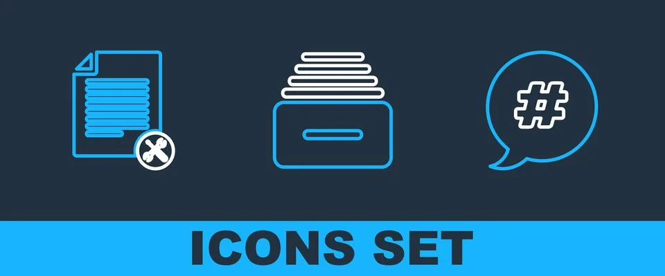 Set line Hashtag speech bubble, File document service and Drawer with documents Stock Illustration