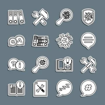 Set line Hashtag speech bubble, Crossed hammer and wrench, Speech chat, Mic.. Stock Illustration