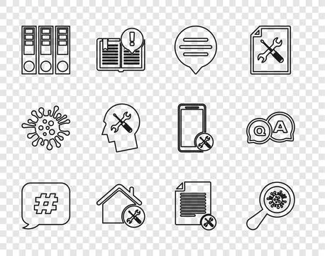 Set line Hashtag speech bubble, Microorganisms under magnifier, Speech chat.. Illustrazione stock