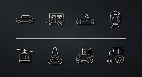 Set line Hatchback car, Cable, Train and railway, Tractor, Traffic cone, Rv Stock Illustration