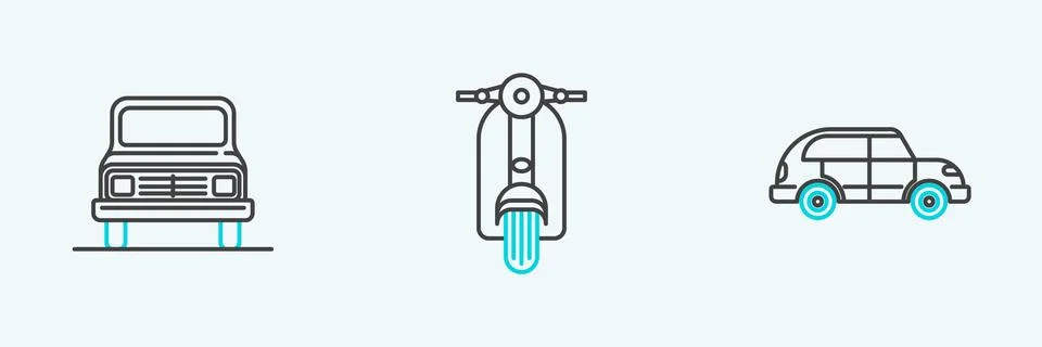 Set line Hatchback car, Car and Scooter icon. Vector Stock Illustration