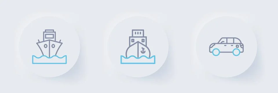 Set line Hatchback car, Cargo ship and  icon. Vector Stock Illustration