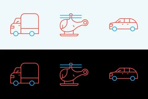 Set line Hatchback car, Delivery cargo truck and Helicopter icon. Vector Stock Illustration
