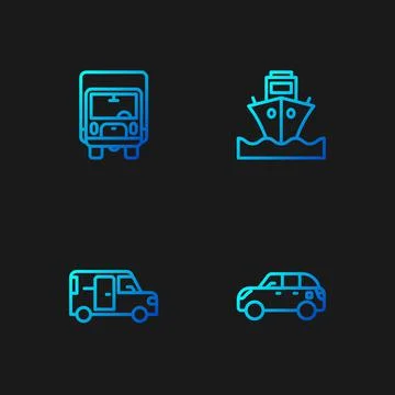Set line Hatchback car, Minibus, Delivery cargo truck and Cargo ship. Gradient Stock Illustration