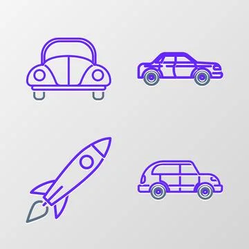 Set line Hatchback car, Rocket ship with fire, Sedan and Car icon. Vector Stock Illustration