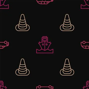 Set line Hatchback car, Traffic cone and Cargo ship on seamless pattern. Vector Illustrazione stock