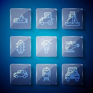 Set line Hatchback car Train and railway Car Cargo ship Scooter Traffic light Stock Illustration