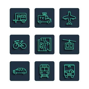 Set line Hatchback car, Train and railway, Bus, Plane, Broken road, Bicycle.. Stock Illustration