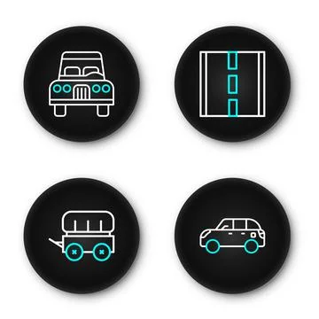 Set line Hatchback car, Wild west covered wagon, Road and Car icon. Vector Stock Illustration