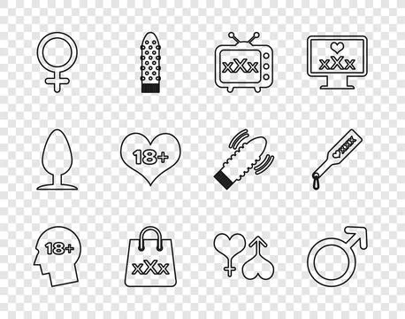 Set line Head with 18 plus, Male gender symbol, Sex tv old television, Shopping Stock Illustration