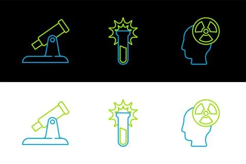Set line Head and radiation symbol, Telescope and Test tube flask icon. Vector Ilustração Stock