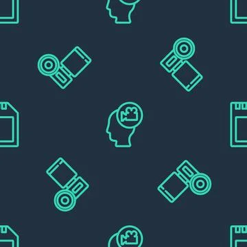 Set line Head with camera, Cinema and SD card on seamless pattern. Vector Illustrazione stock