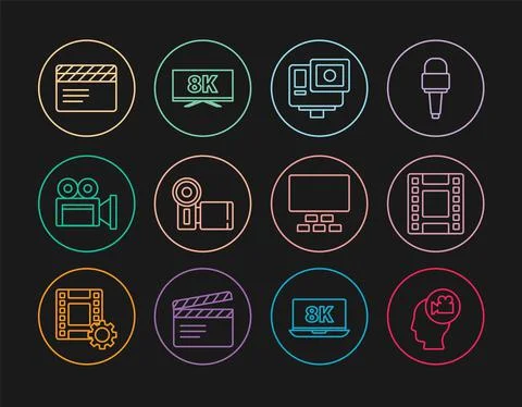 Set line Head with camera, Play Video, Action extreme, Cinema, Movie clapper Stock Illustration
