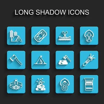 Set line Head flashlight, Campfire, Tourist tent, Canteen water bottle, Open Stock Illustration