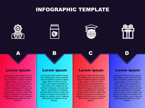 Set line Head with gear inside, Coffee beans bag, Graduation cap on globe and Illustrazione stock