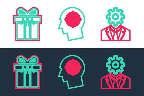 Set line Head with gear inside, Gift box and hunting concept icon. Vector Illustrazione stock