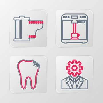 Set line Head with gear inside Broken tooth Coffee machine and cup and Camera Stock Illustration
