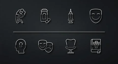 Set line Head with heart, Solution to the problem, Comedy theatrical mask Stock Illustration