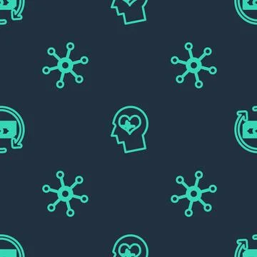 Set line Head with heartbeat, Network and Refund money on seamless pattern Illustrazione stock