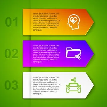 Set line Head with heartbeat, Share folder, Car sharing and . Business infogr Stock Illustration