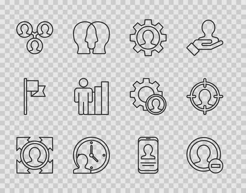 Set line Head hunting, Create account screen, Human with gear, Time Management Illustrazione stock
