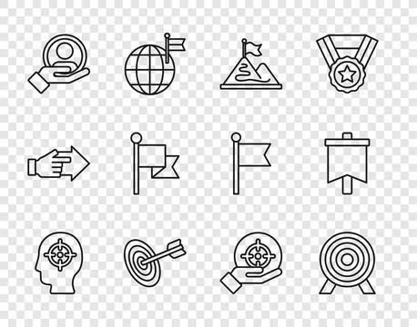 Set line Head hunting, Target, Mountains with flag, Hand for search people,.. Stock Illustration