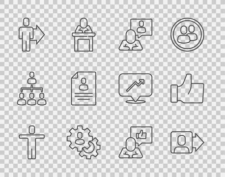 Set line Head hunting, Team leader, Resume, Hand like and  icon. Vector Stock Illustration