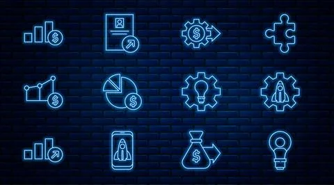Set line Head with lamp bulb, Startup project concept, Gear dollar, Pie chart Illustrazione stock
