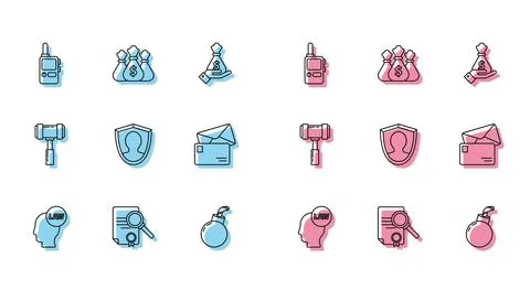 Set line Head with law, Document search, Walkie talkie, Bomb ready to explode 库存插图