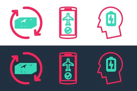 Set line Head with low battery, Refund money and Flight mode in the mobile icon Stock Illustration