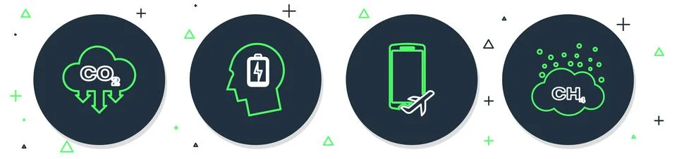 Set line Head with low battery, Flight mode in the mobile, CO2 emissions cloud Stock Illustration