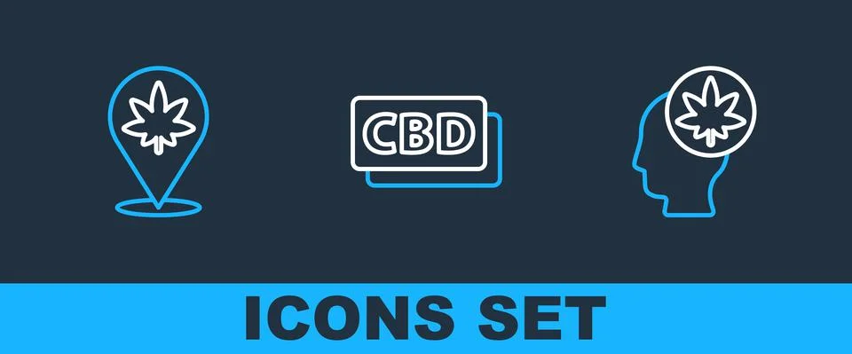 Set line Head with marijuana or cannabis, Location and and Cannabis molecule Stock Illustration