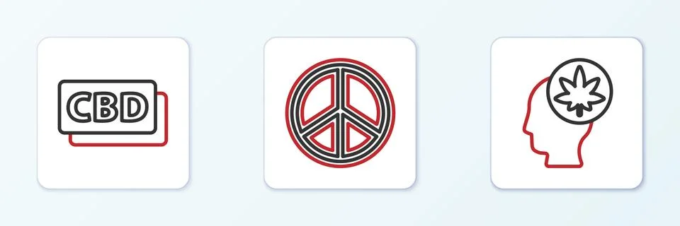 Set line Head with marijuana or cannabis, Cannabis molecule and Peace icon... Stock Illustration