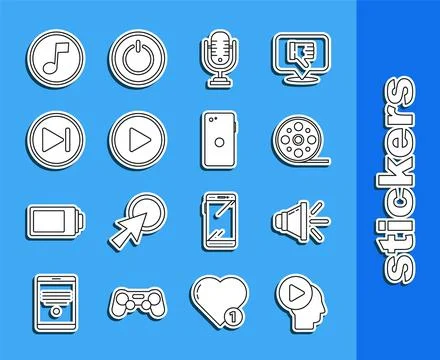 Set line Head people with play button, Speaker volume, Film reel, Microphone Ilustração Stock