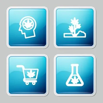 Set line Head in profile with marijuana, Planting, Shopping cart and Test tub Ilustração Stock