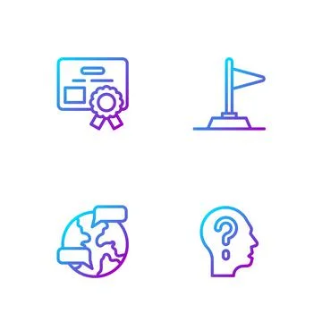 Set line Head with question mark, Worldwide, Certificate template and Flag Stock Illustration