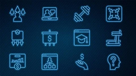 Set line Head with question mark, Treadmill machine, Dumbbell, Target dollar Stock Illustration