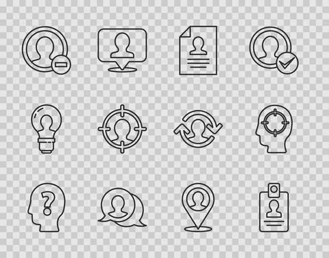 Set line Head with question mark, Identification badge, Resume, Speech bubble Stock Illustration