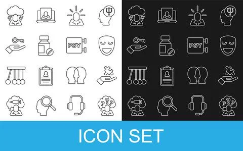 Set line Head with question mark, Solution to the problem, Comedy theatrical Illustrazione stock