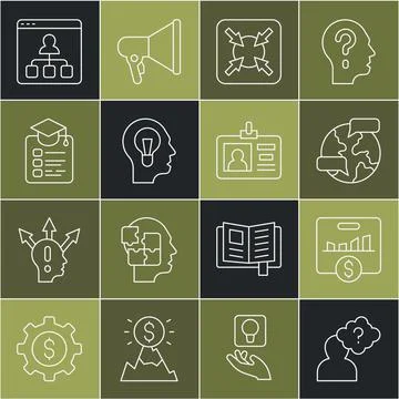 Set line Head with question mark, Key performance indicator, Worldwide, Target Stock Illustration